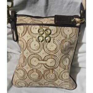 Coach Beige Brown Geometric Shoulder Bag with Gold Hardware and Logo Accent